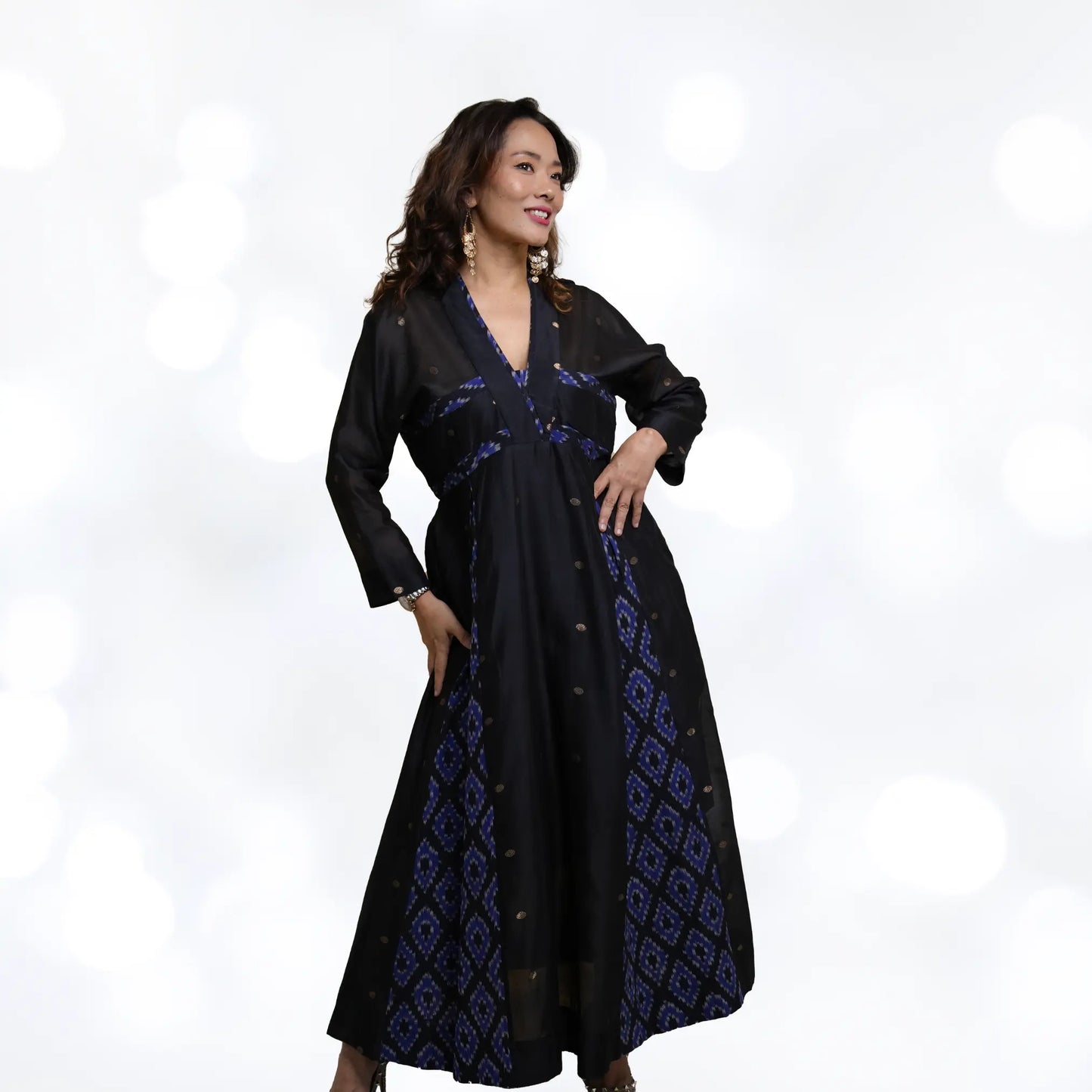 black formal dresses for women, Handcrafted from the luxurious blend of handwoven Ikat and Chanderi fabrics