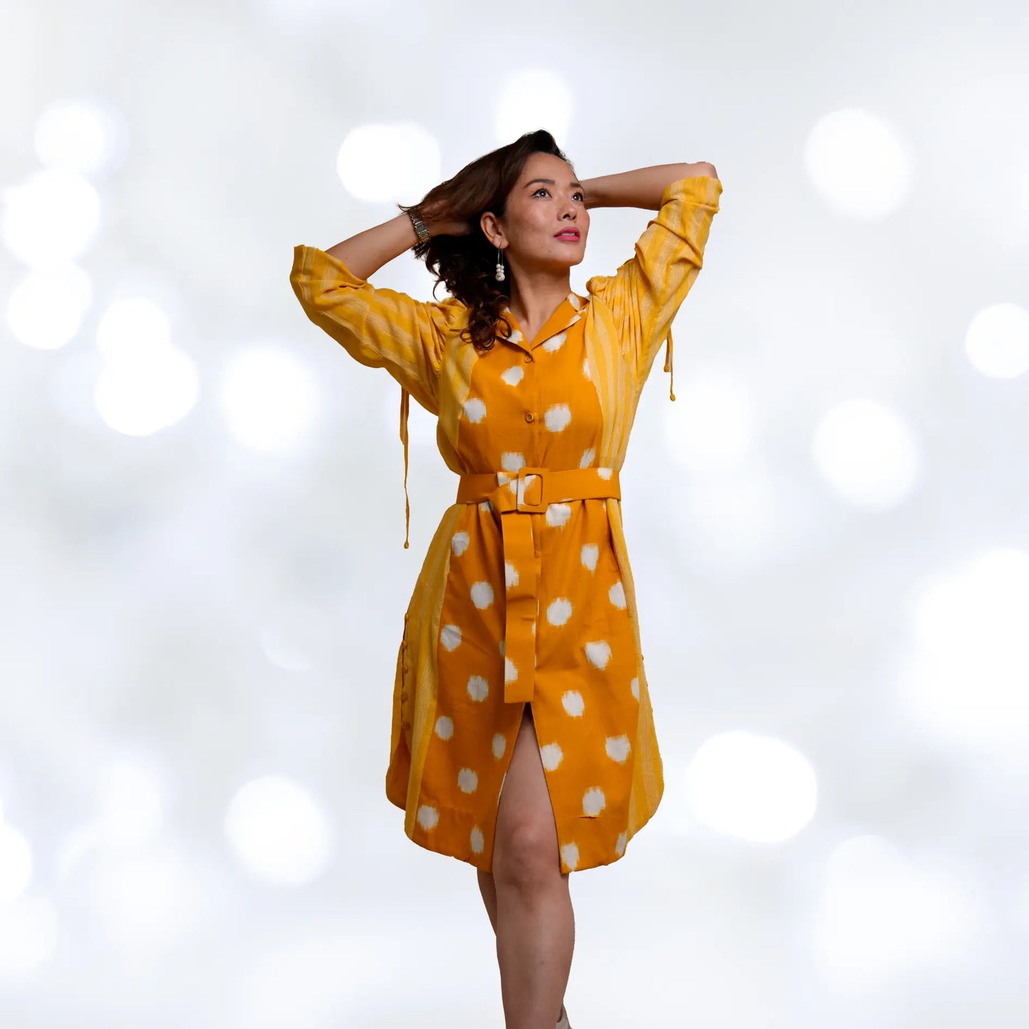 Yellow ikat dress for women's with deep pocket