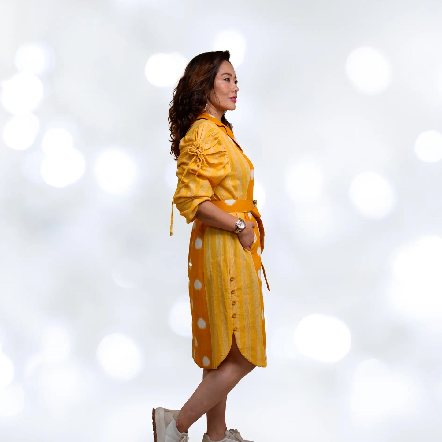 yellow ikat midi dress for women's with deep pocket and slit