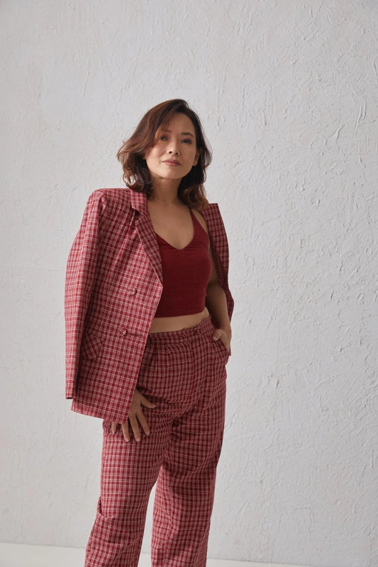 red checked blazer for women