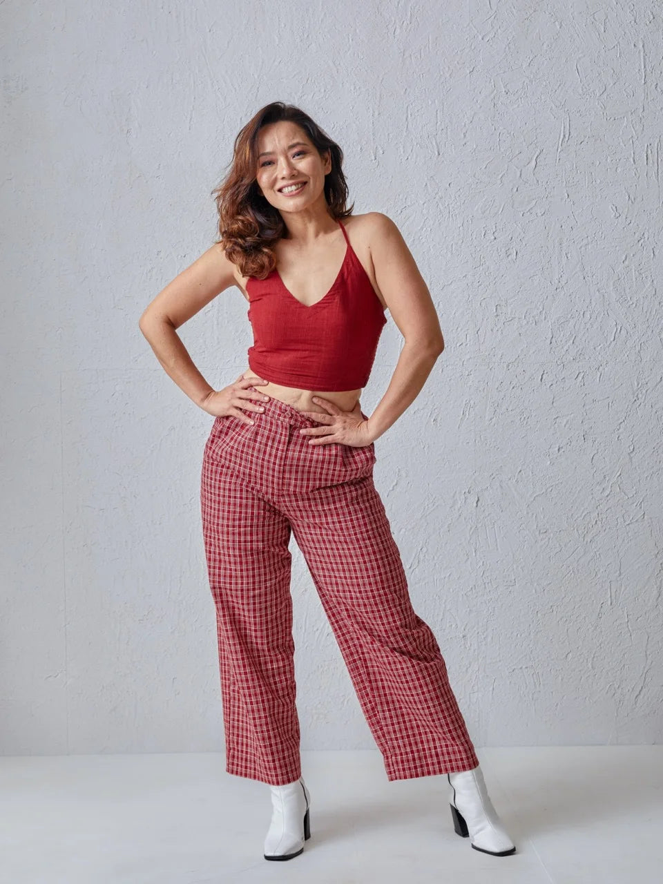 malkha red check trousers